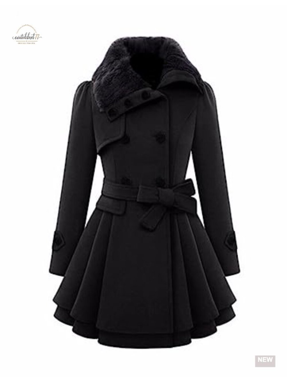 Wool Blend Faux Fur Lapel Double Breasted Trench Coat A-Line Pea Coat